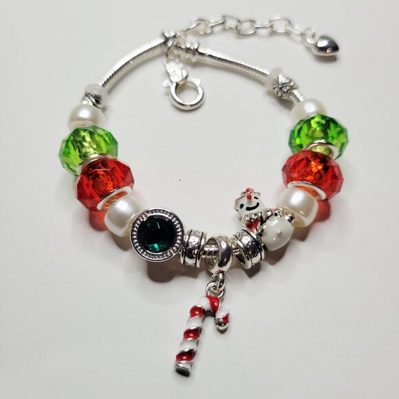 NWT Pandora Style Charm Bracelet Christmas Candy Cane Charm Snowman Red Green - Picture 5 of 7